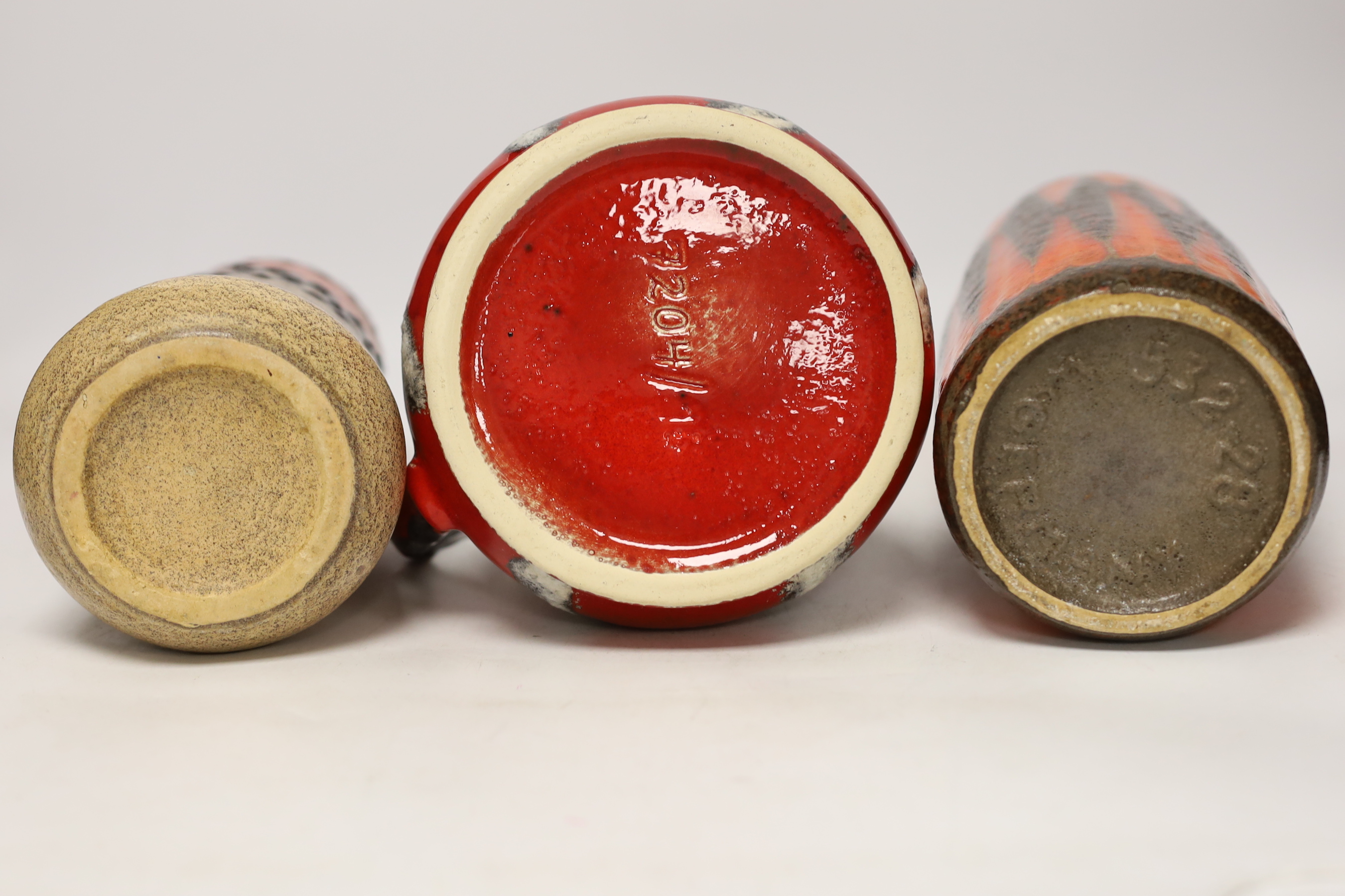 Three West German pottery vases, largest 28cm